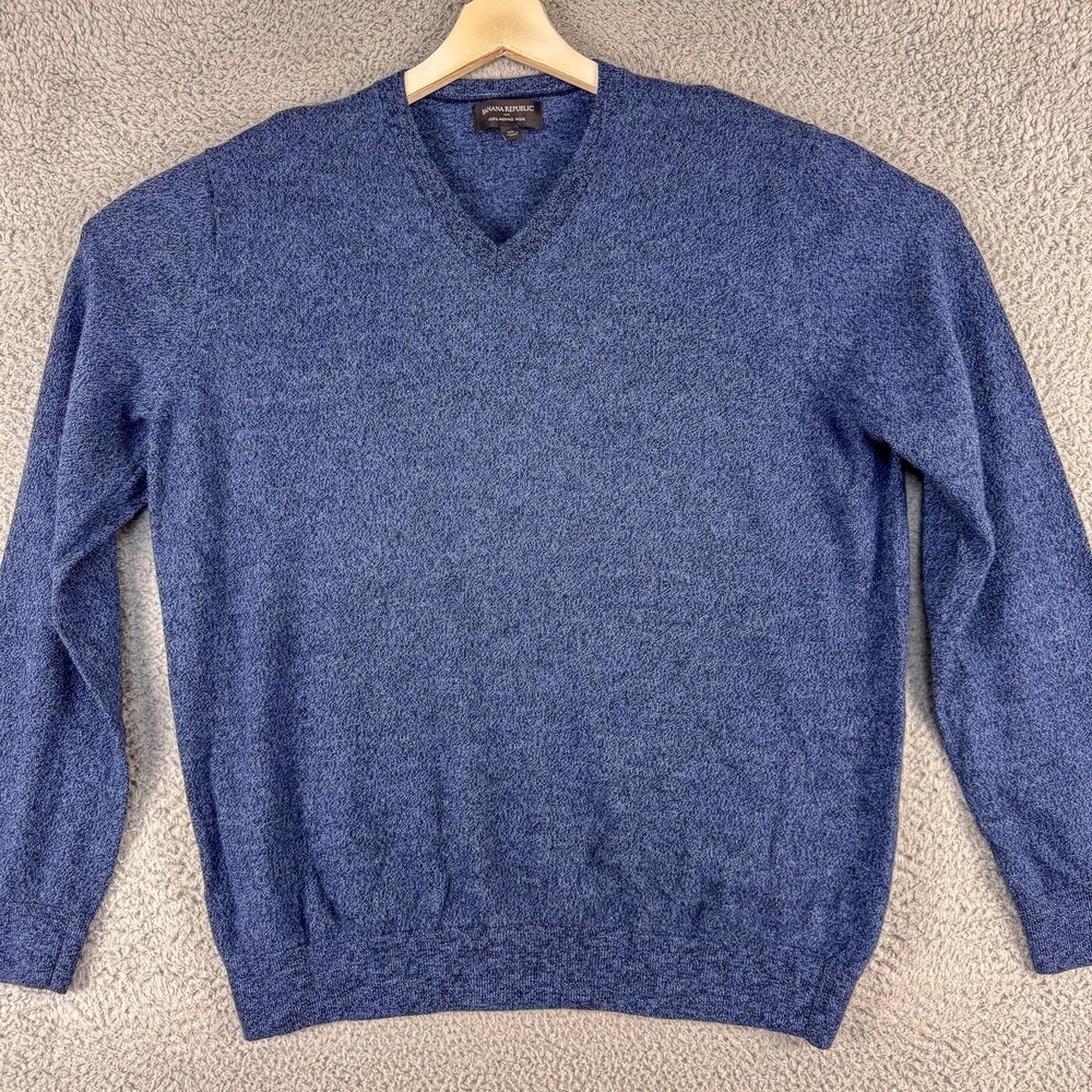 Banana Republic Sweater Mens XL Blue 100% Merino‎ Wool V Neck Pullover Knit